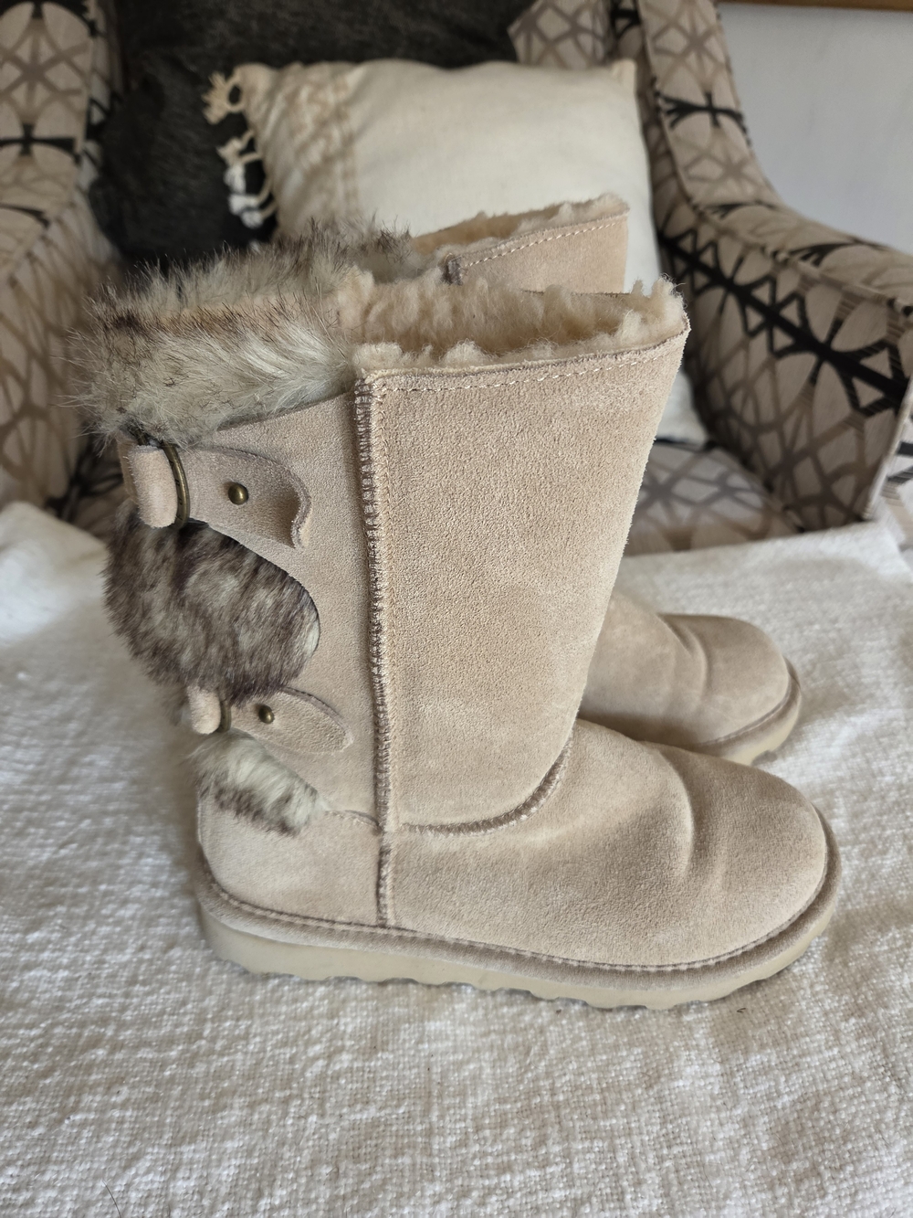 Women’s Suede Fur-Trim Mid-Calf Boots - Beige